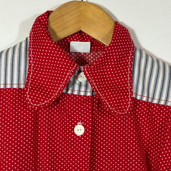 Vintage Girls Dress 8 Red White Blue USA 1970s Retro Mod Short Sleeve Polka Dot - Picture 2 of 9
